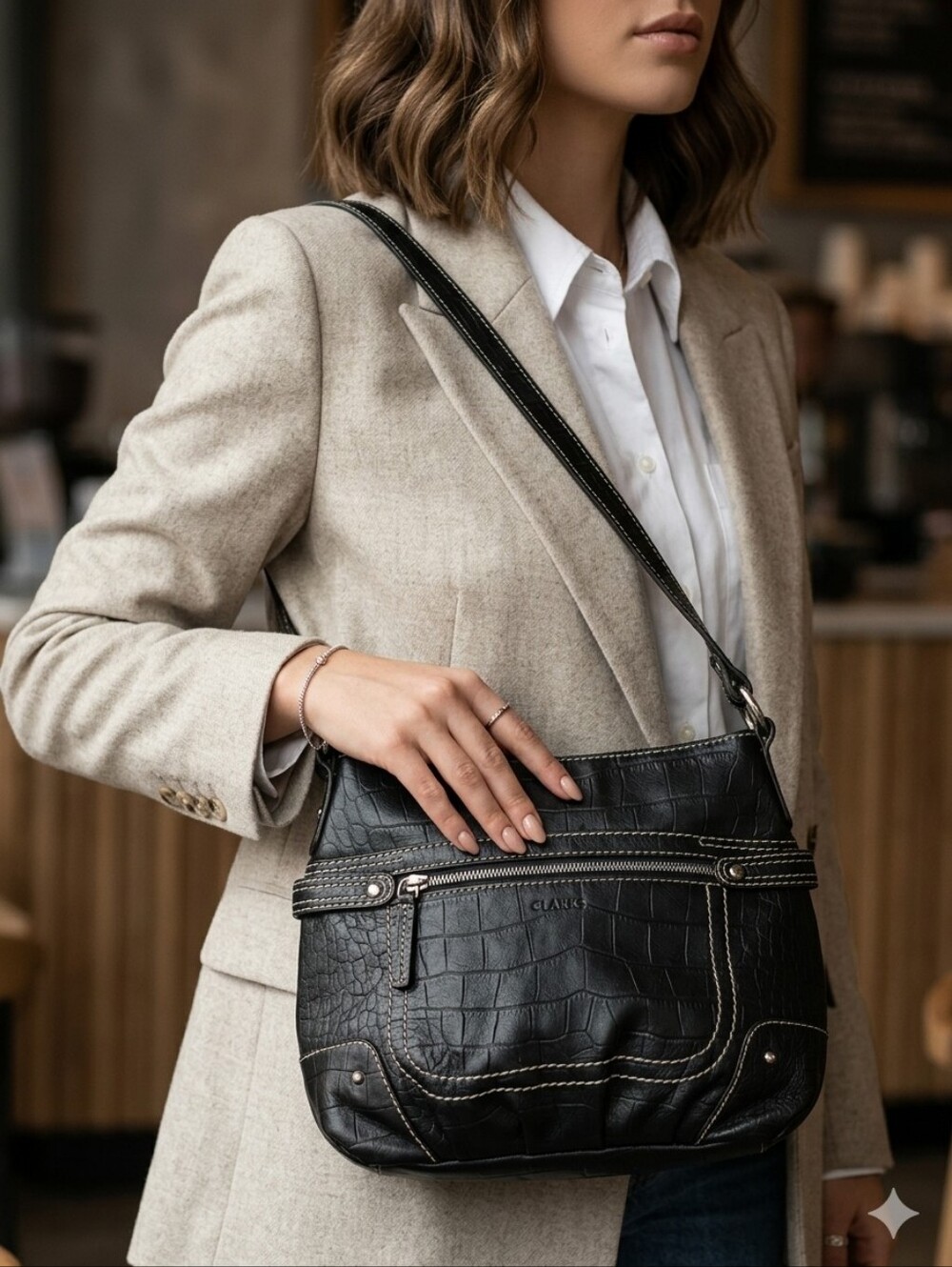 CLARKS Black Croc-Embossed Shoulder Bag